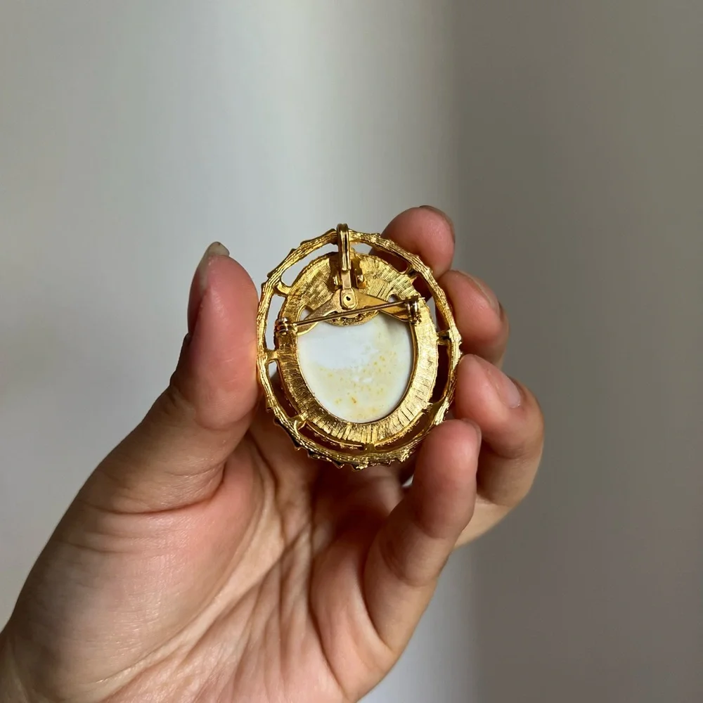 Vintage Gold and White Cameo Brooch